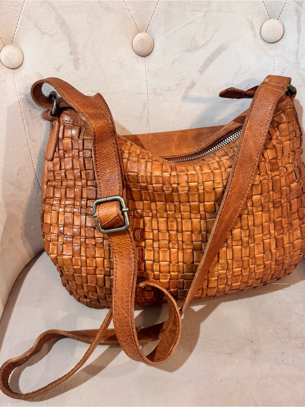 Vilenca Holland Woven Leather Crossbody Bag Cognac Tan Genuine Leather